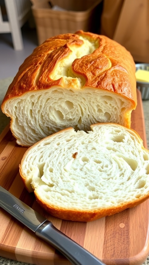 Homemade Sandwich Bread Recipe Freshly baked homemade sandwich bread loaf, sliced to show soft interior, on a wooden cutting board with butter.
